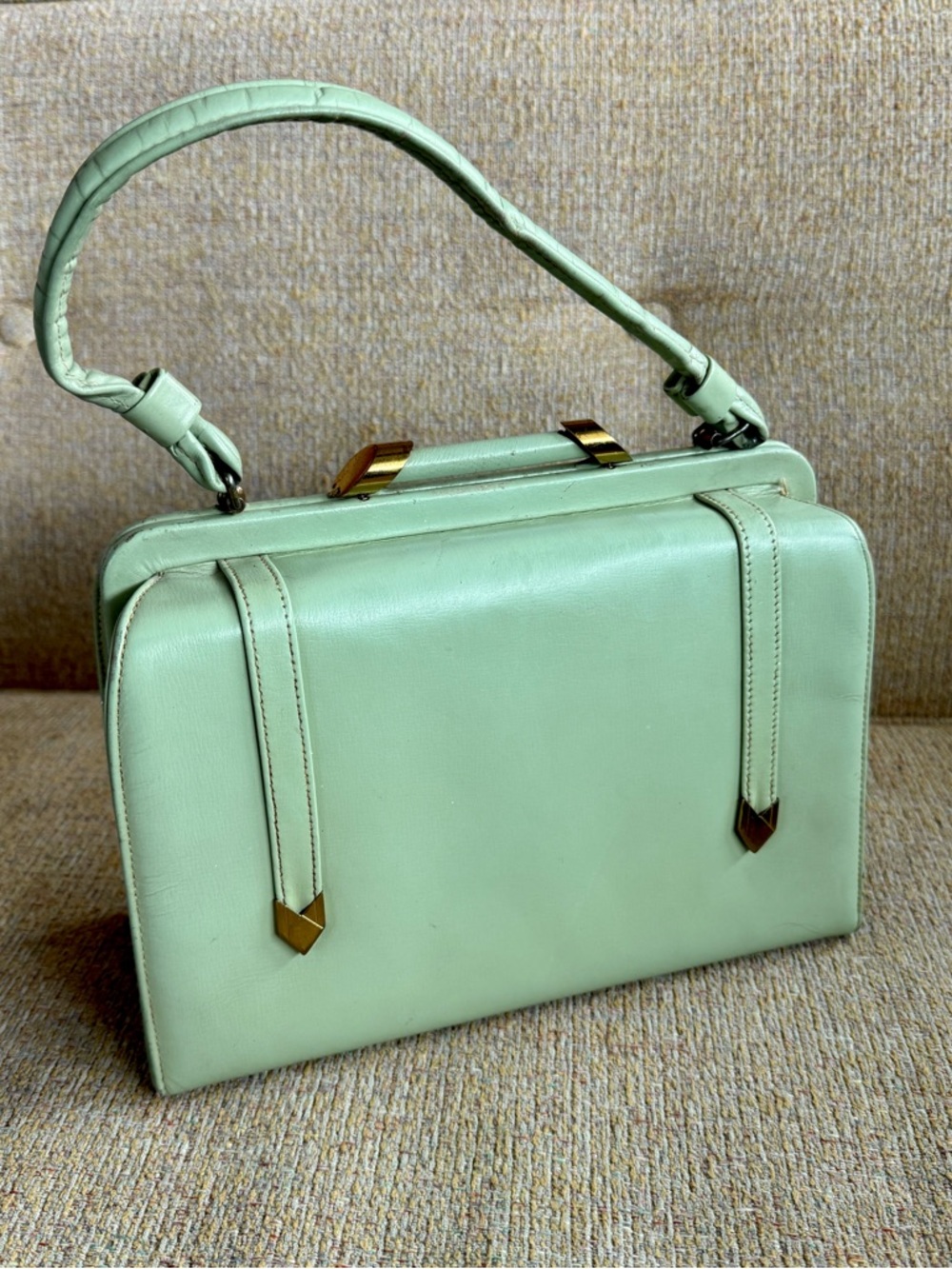 Vintage Leather Mint Green Structured Top-Handle Bag